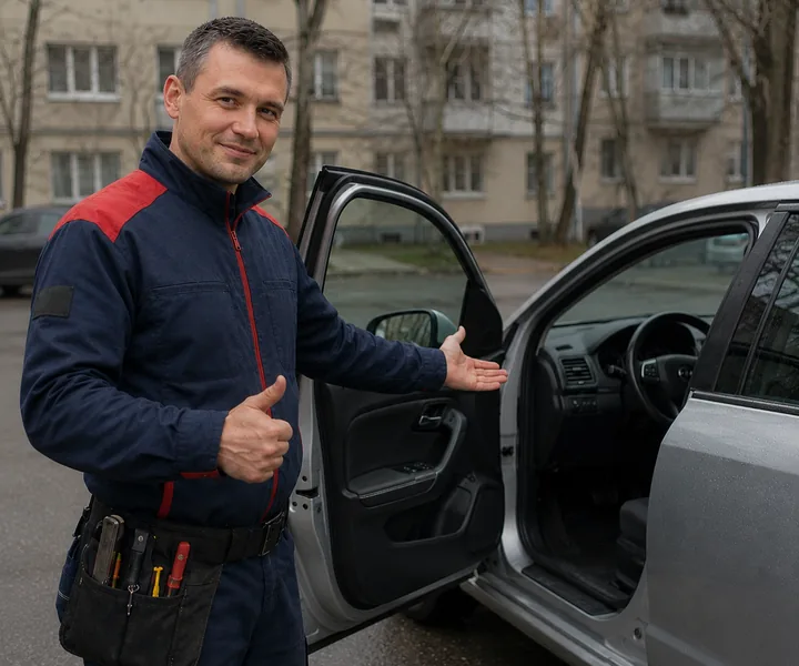 Мастер замочного сервиса у открытой водительской двери автомобиля
