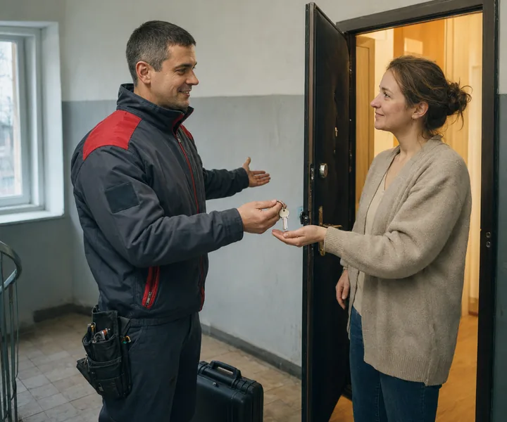 Мастер замочного сервиса передаёт клиентке ключи от нового замка у входной двери