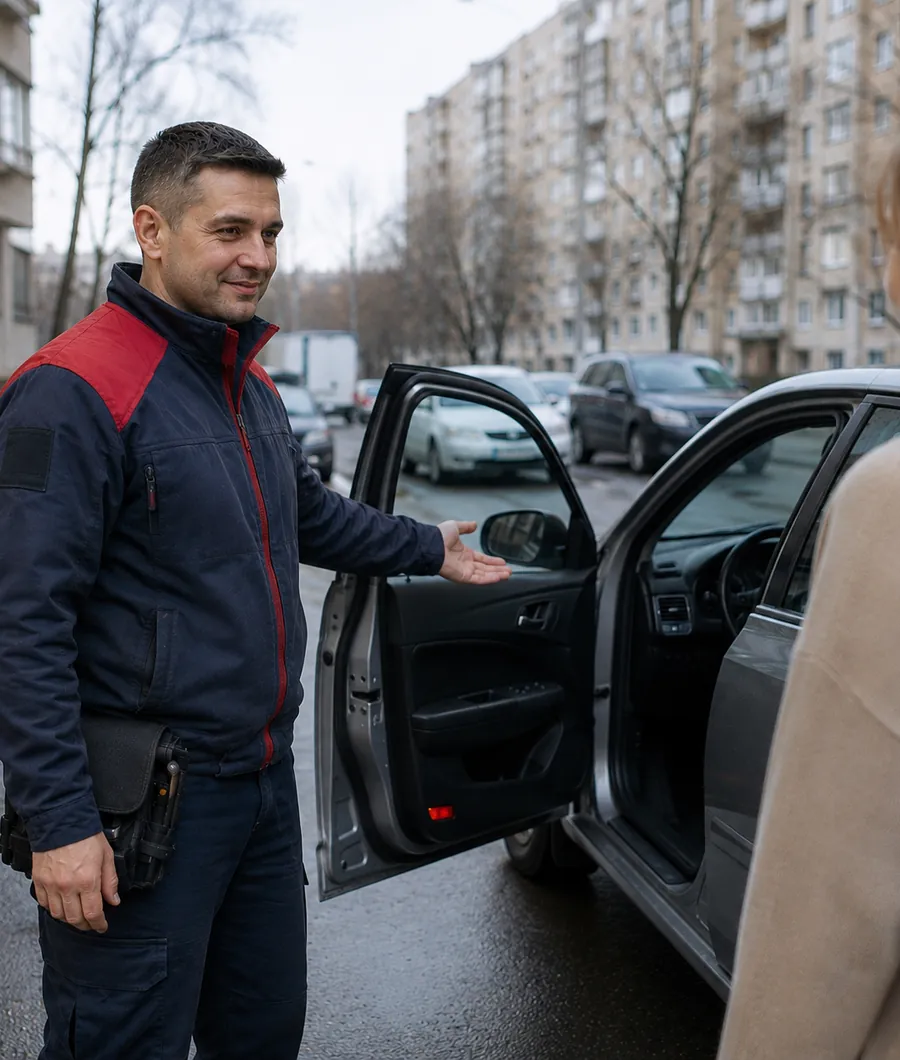 Мастер открыл автомобиль и приглашает владелицу сесть за руль