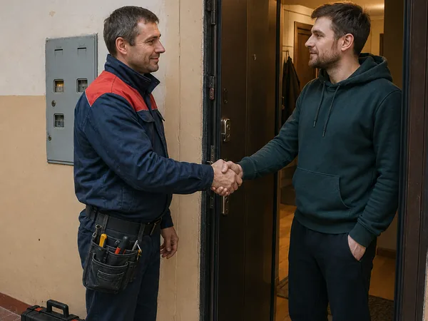 Мастер и клиент у двери